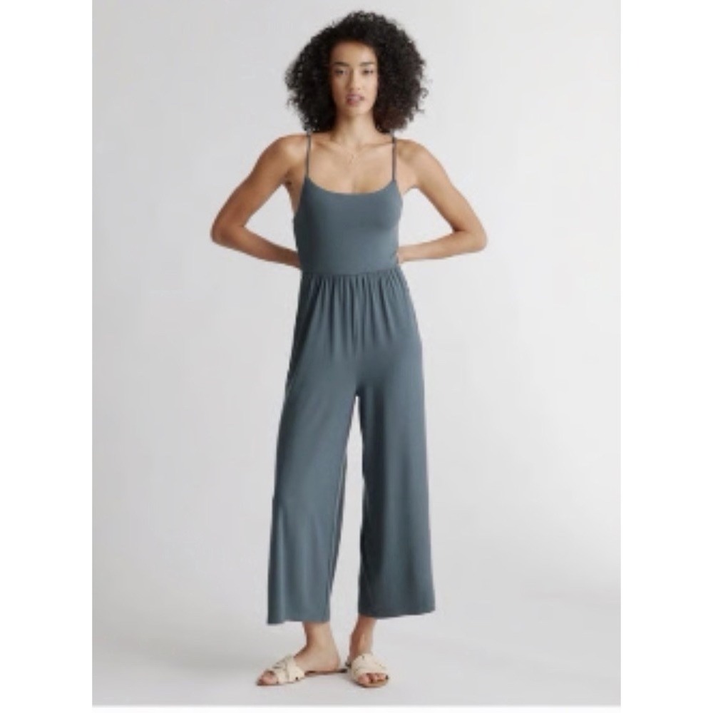 Quince Jumpsuit Womens Sz Medium Green Wide Leg Jersey Stretch Tencel A7-1